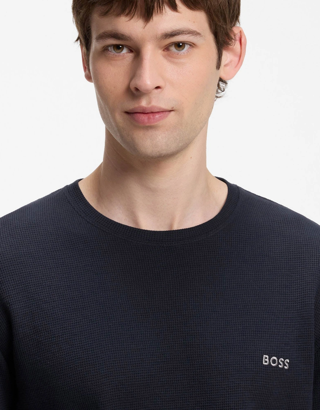BOSS Orange Waffle Mens Ottoman pyjama T-Shirt with embroidered logo - Dark Blue 403