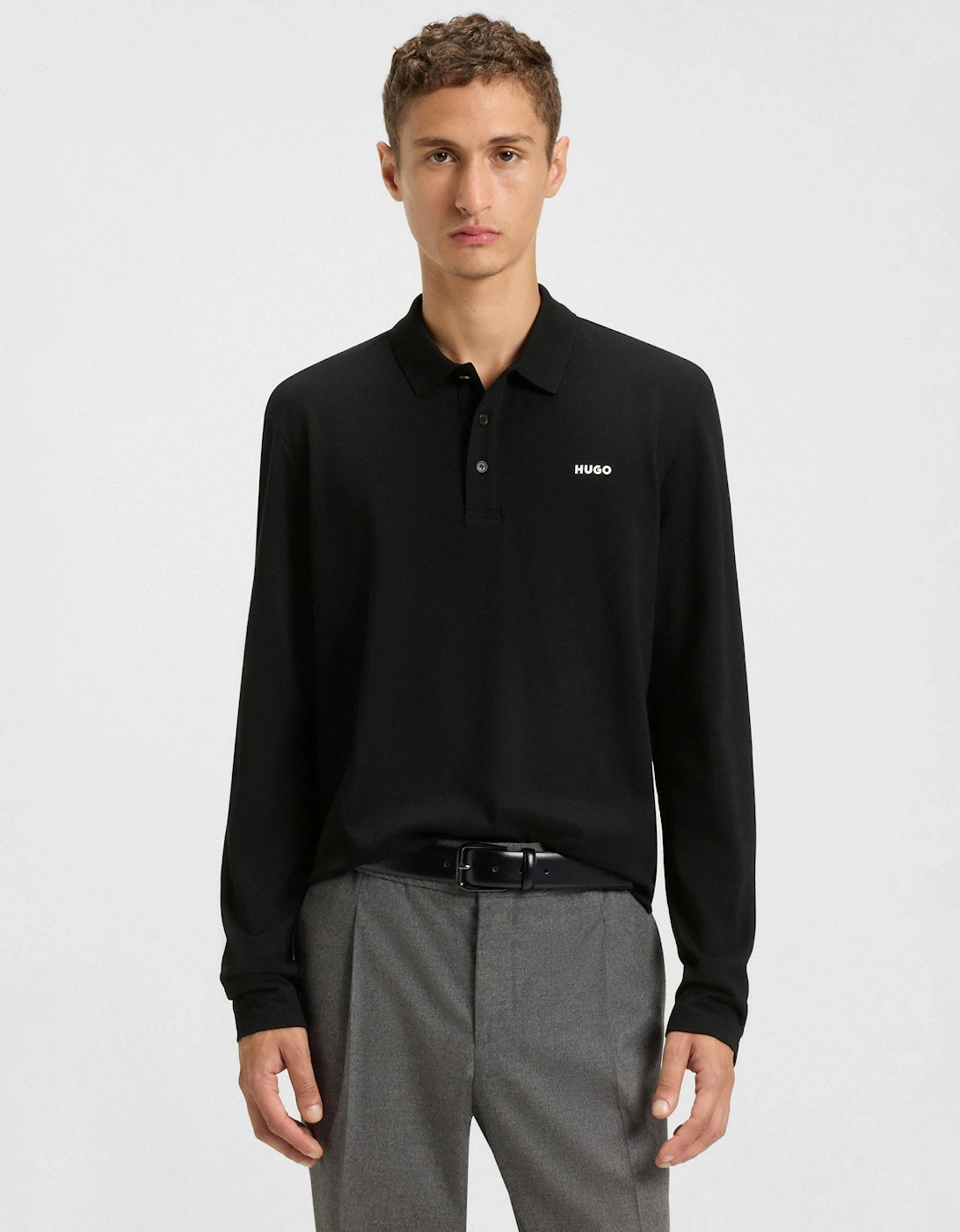 HUGO Donoslong Mens Cotton-piqué Long Sleeve Polo shirt with logo print - Black 001