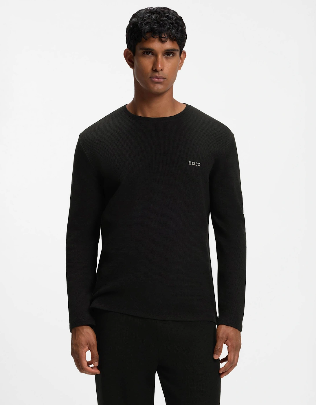 BOSS Orange Waffle Mens Ottoman pyjama T-Shirt with embroidered logo - Black 001