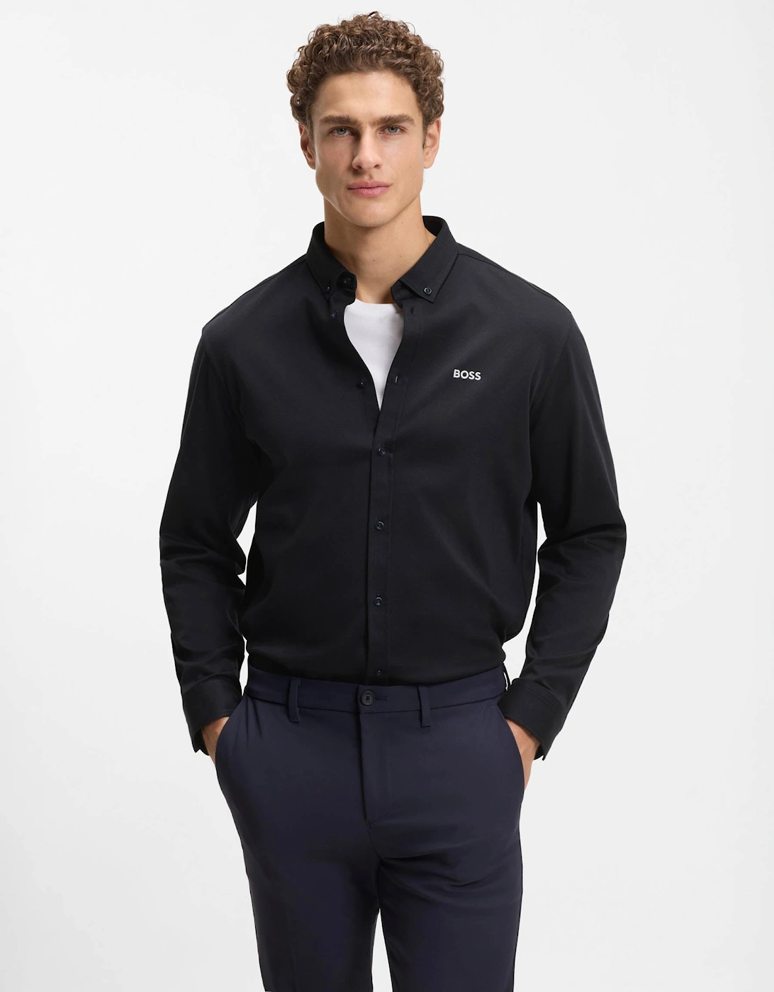 BOSS Green ST Motion Mens Long Sleeve shirt in cotton jersey with natural stretch - Dark Blue 402