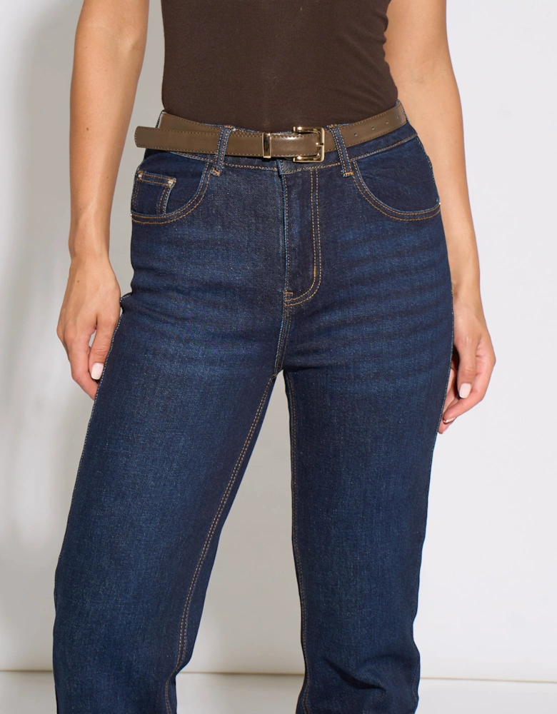 Indigo Mid Rise Straight Leg Jeans