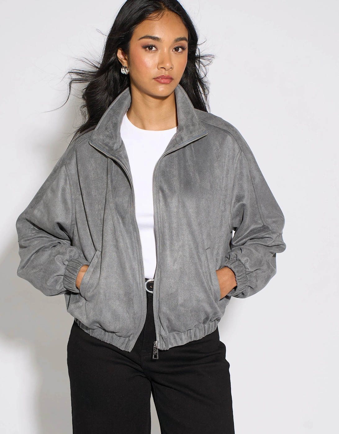 Gini London Women's Grey Faux Suede Funnel Neck Bomber Jacket - Size 10