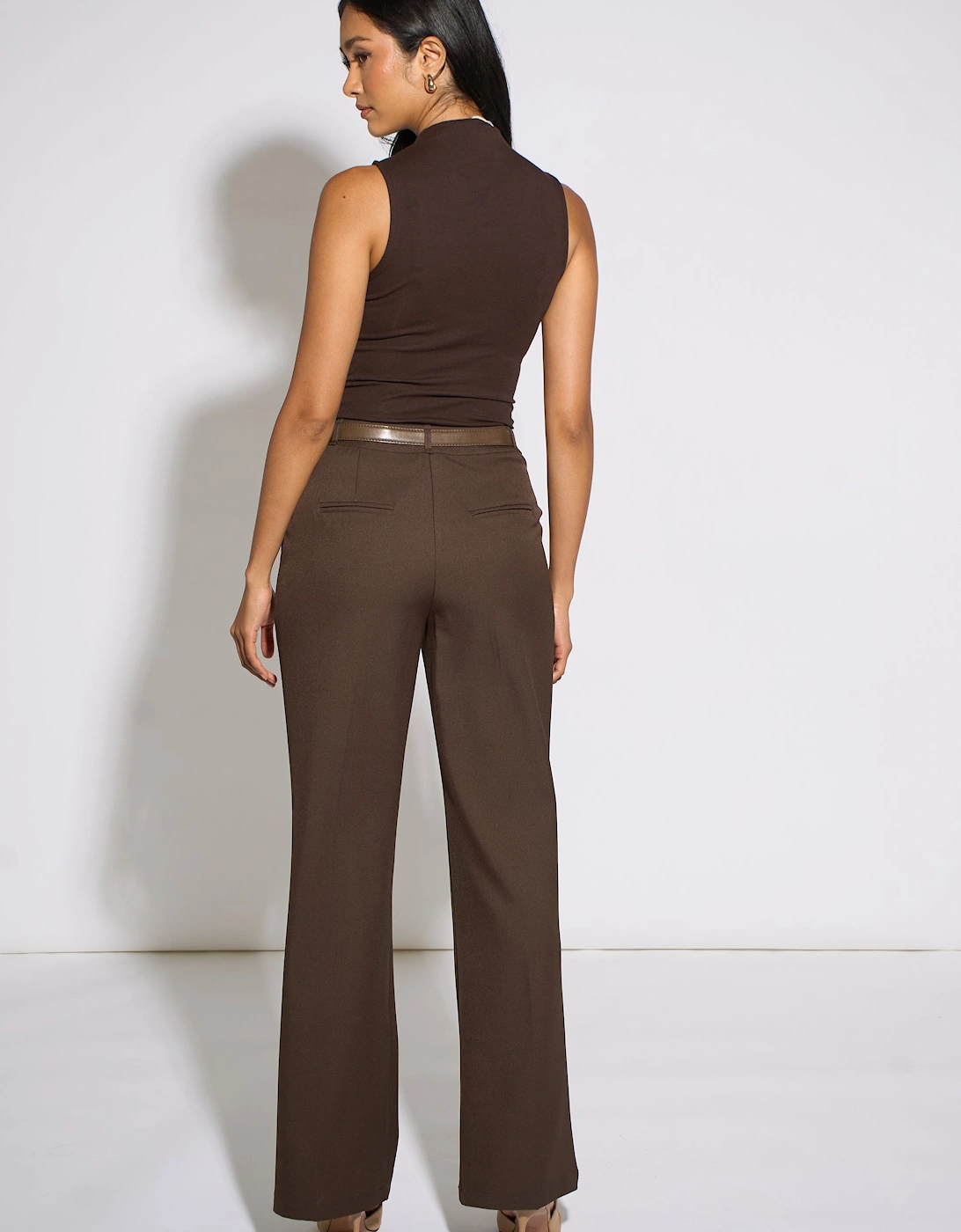 Brown Wide Leg Belted Tailoring Trouser