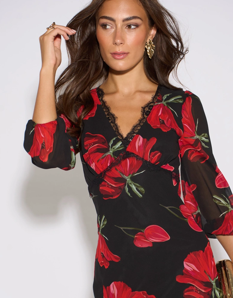Black Base Red Bloom Lace Trim Midi Dress