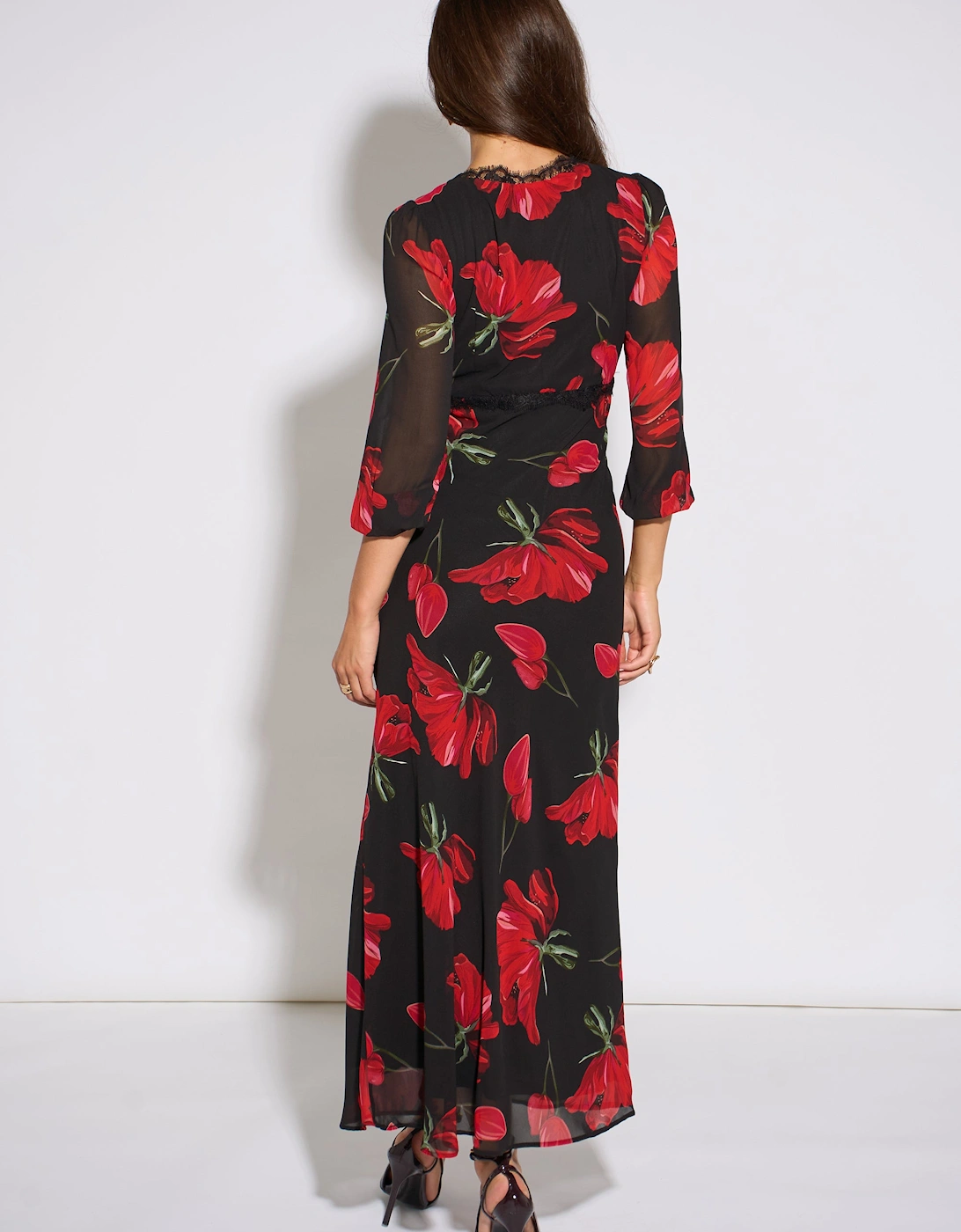 Black Base Red Bloom Lace Trim Midi Dress