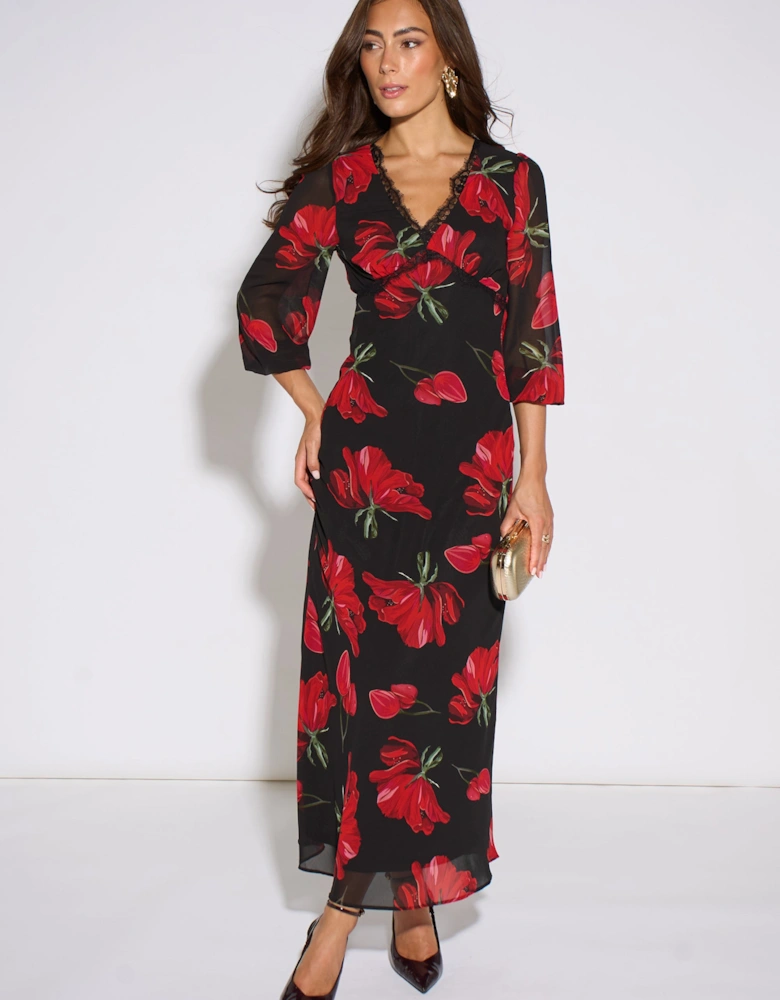 Black Base Red Bloom Lace Trim Midi Dress