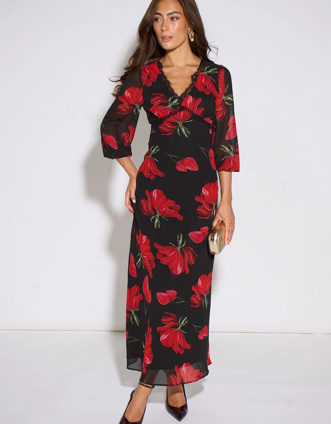 Gini London Women's Black/Red Base Bloom Lace Trim Midi Dress - Size 12