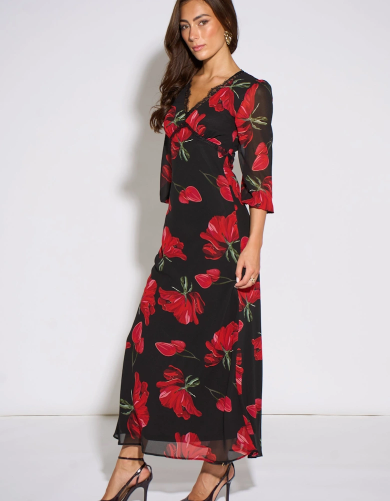 Black Base Red Bloom Lace Trim Midi Dress