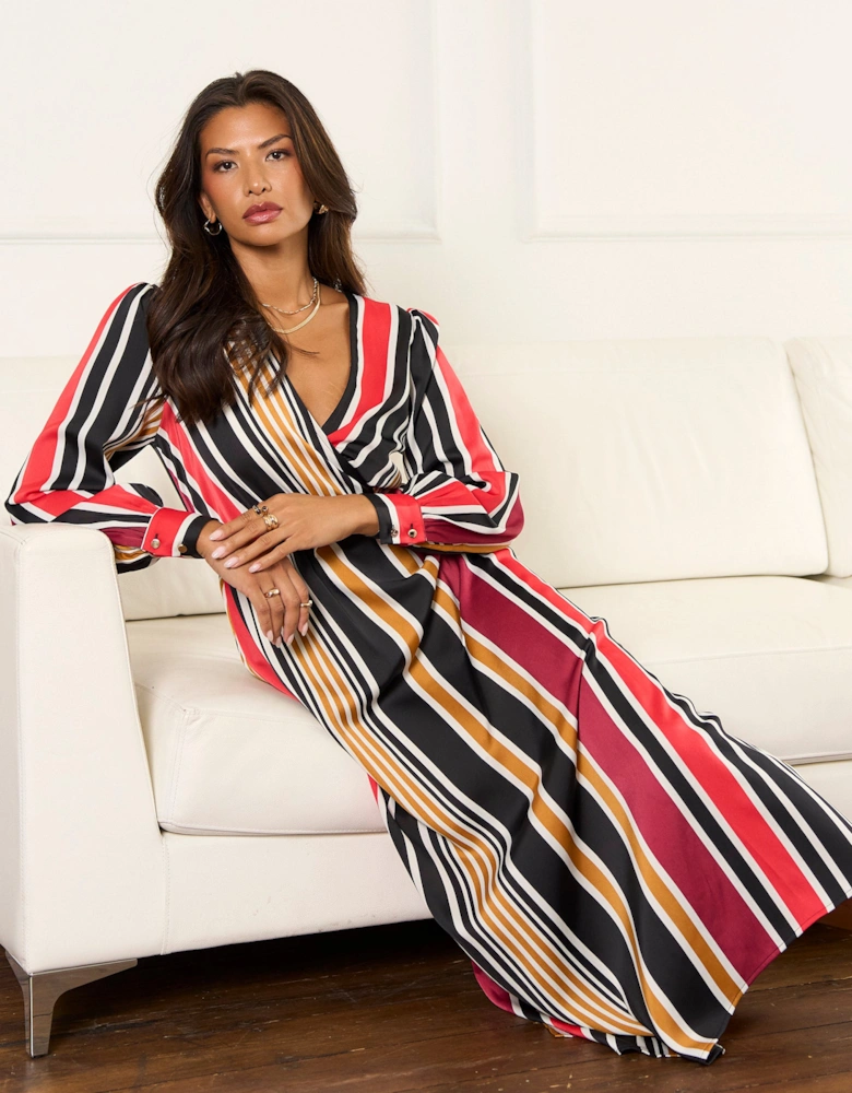 Multi Stripe Satin Wrap Midaxi Dress