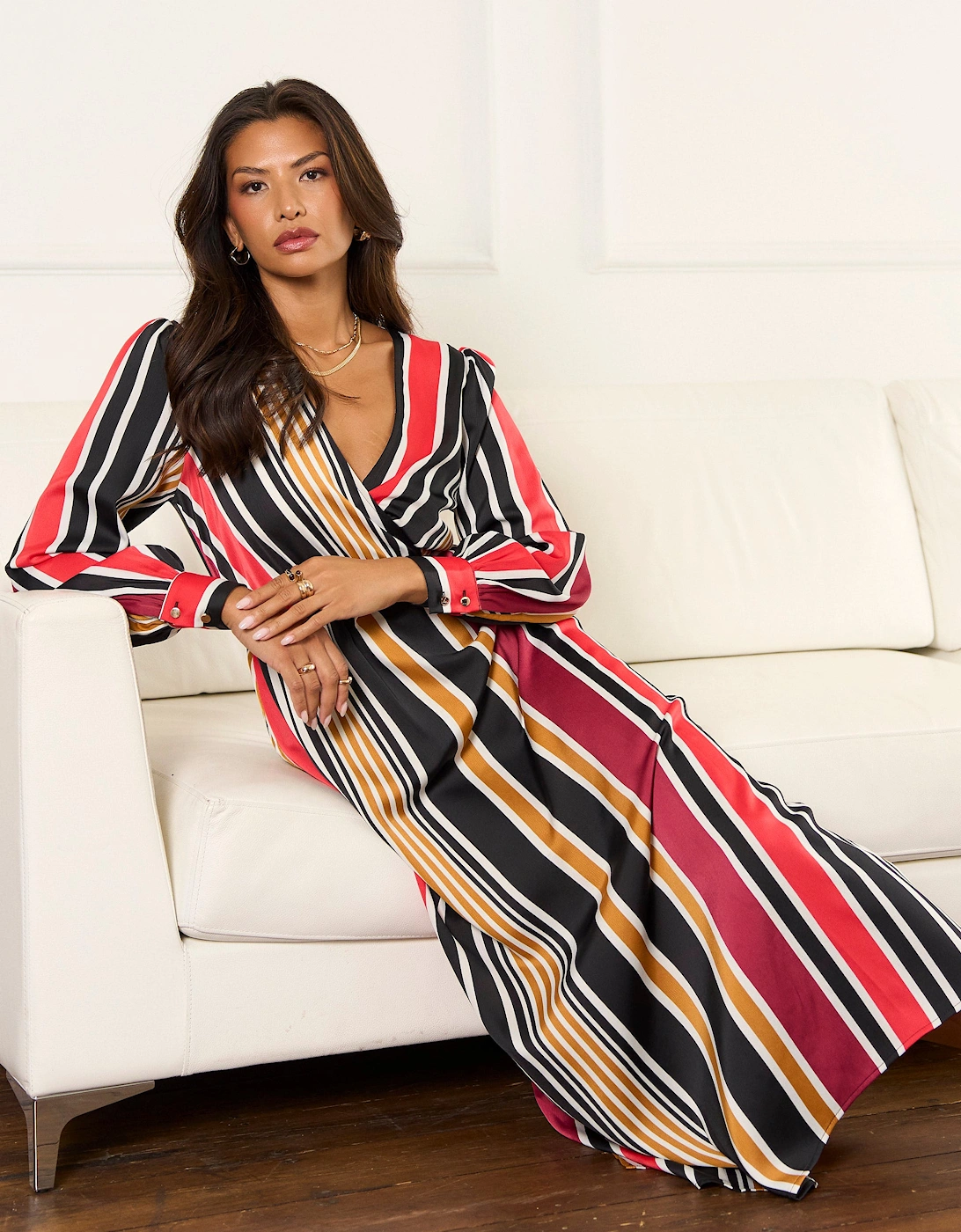 Multi Stripe Satin Wrap Midaxi Dress