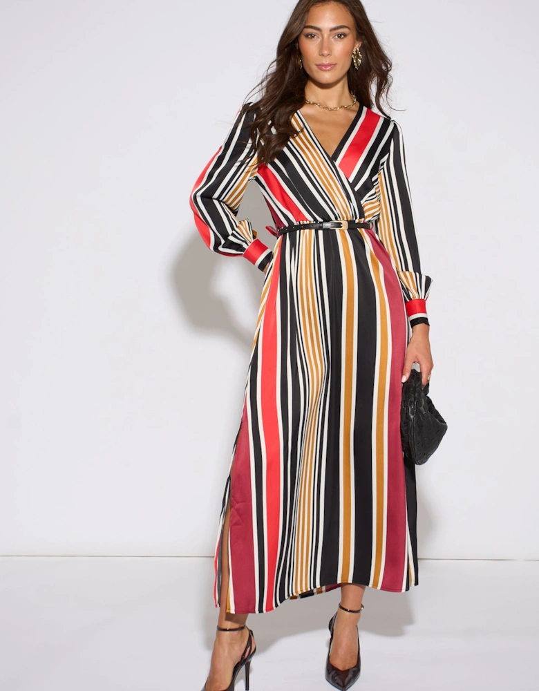Multi Stripe Satin Wrap Midaxi Dress