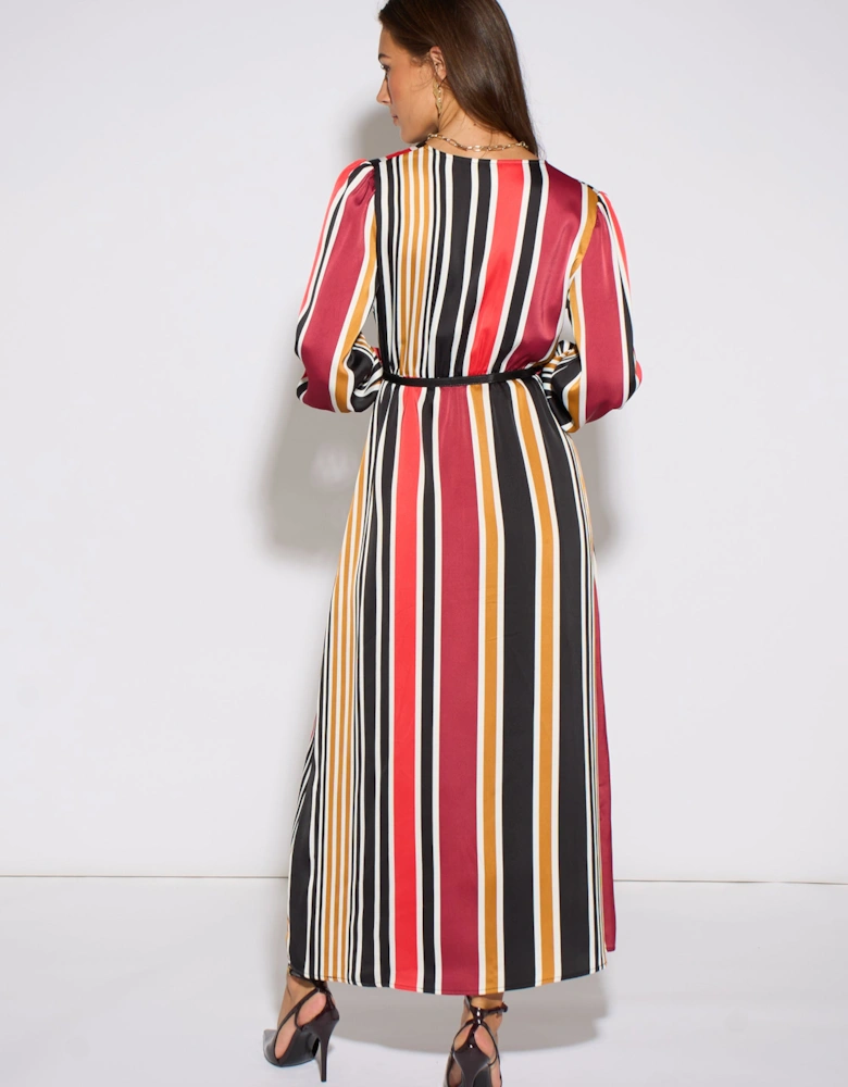 Multi Stripe Satin Wrap Midaxi Dress