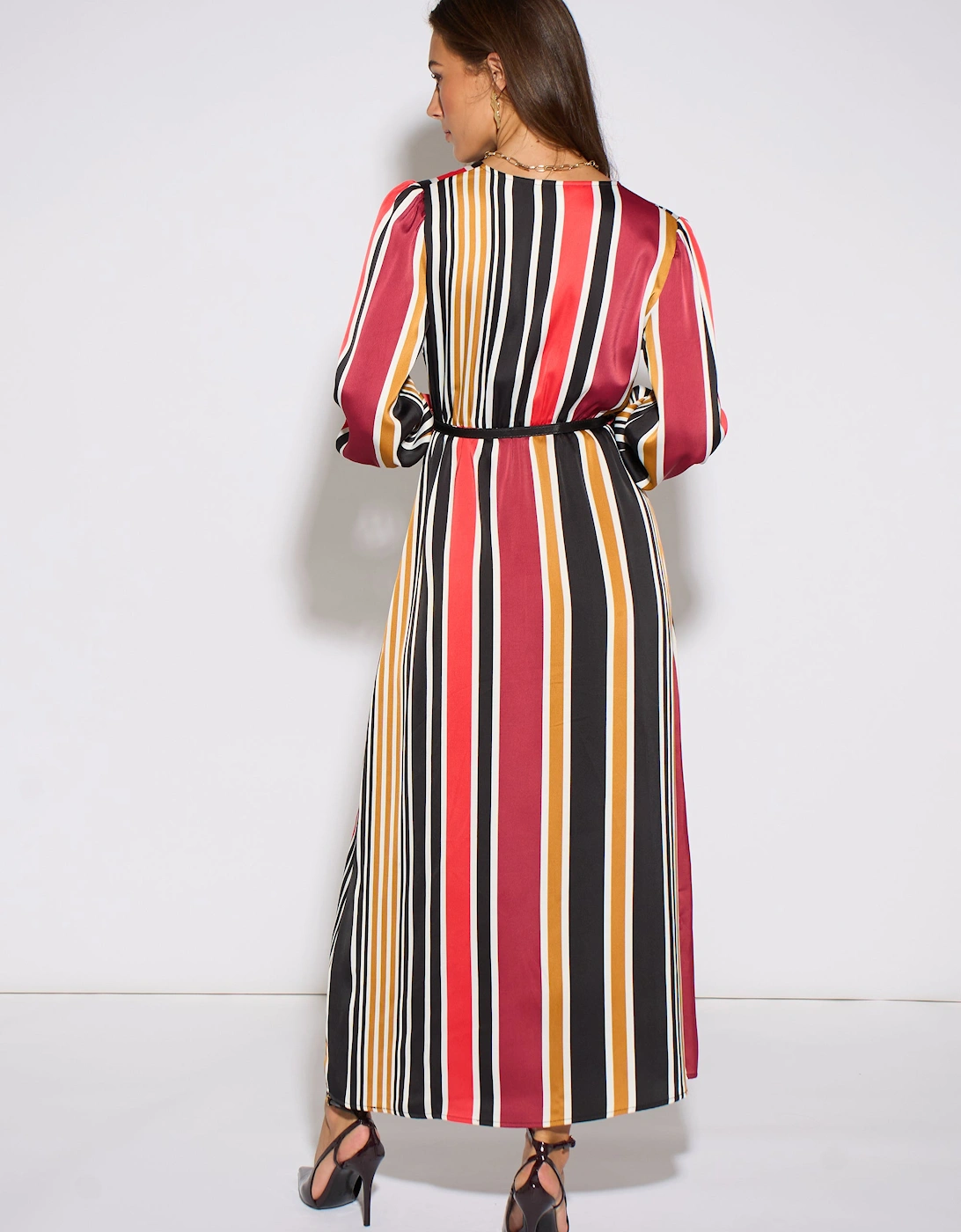 Multi Stripe Satin Wrap Midaxi Dress