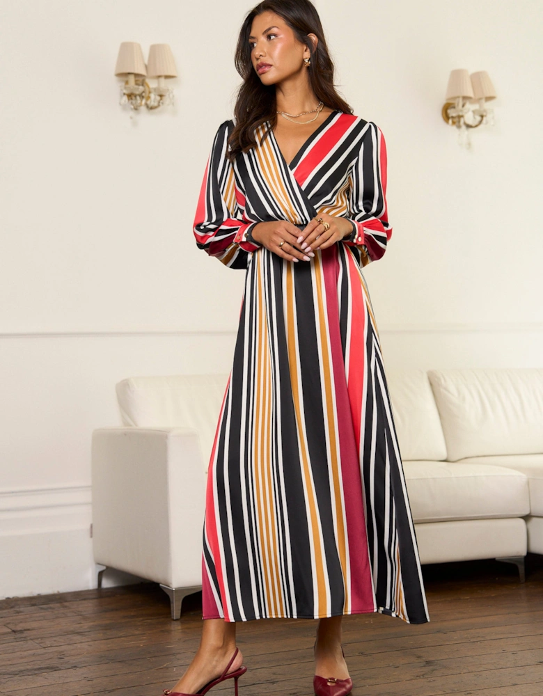 Multi Stripe Satin Wrap Midaxi Dress