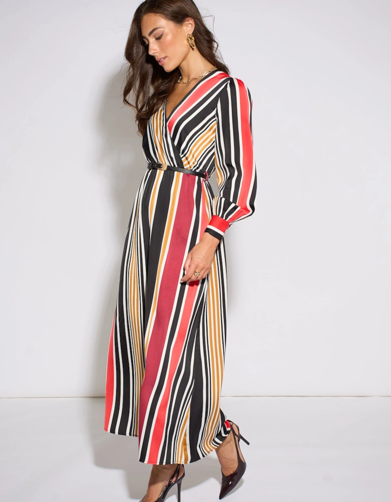 Multi Stripe Satin Wrap Midaxi Dress