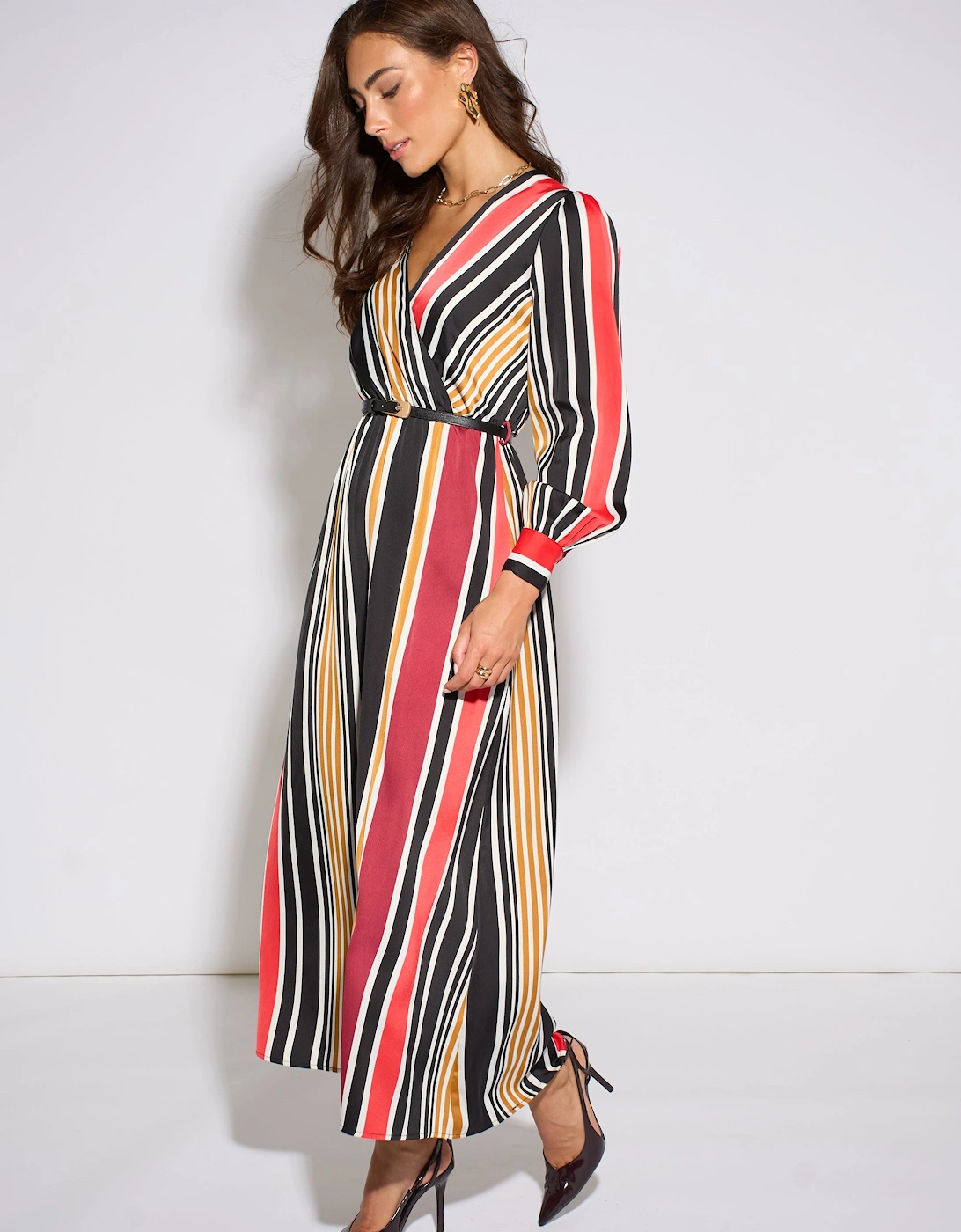 Multi Stripe Satin Wrap Midaxi Dress