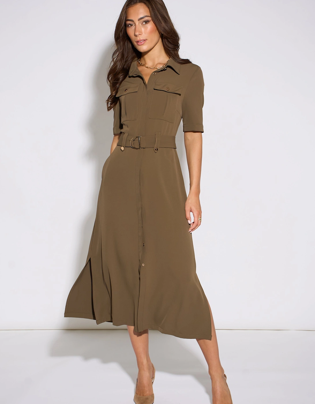 Taupe Gold Hardware Detail Utility Shirt Dress