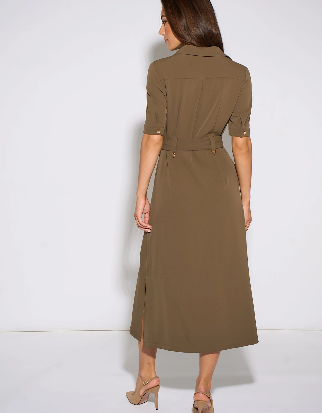 Taupe Gold Hardware Detail Utility Shirt Dress