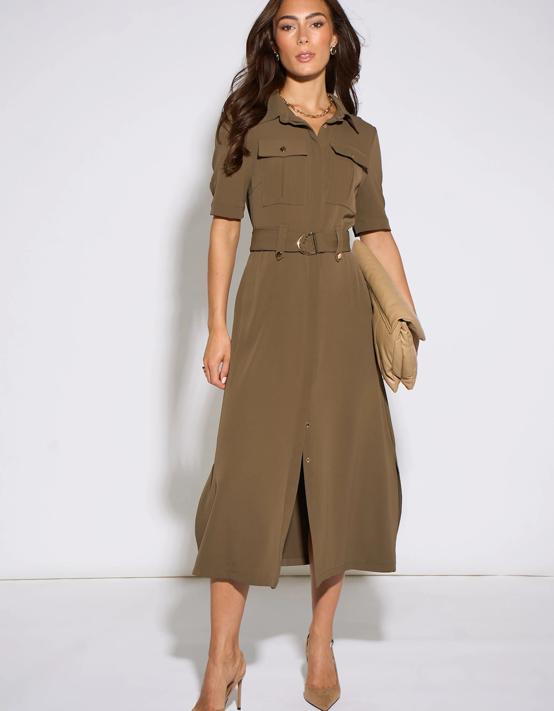 Taupe Gold Hardware Detail Utility Shirt Dress