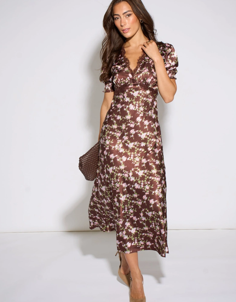 Brown Satin Floral Lace Midi Dress
