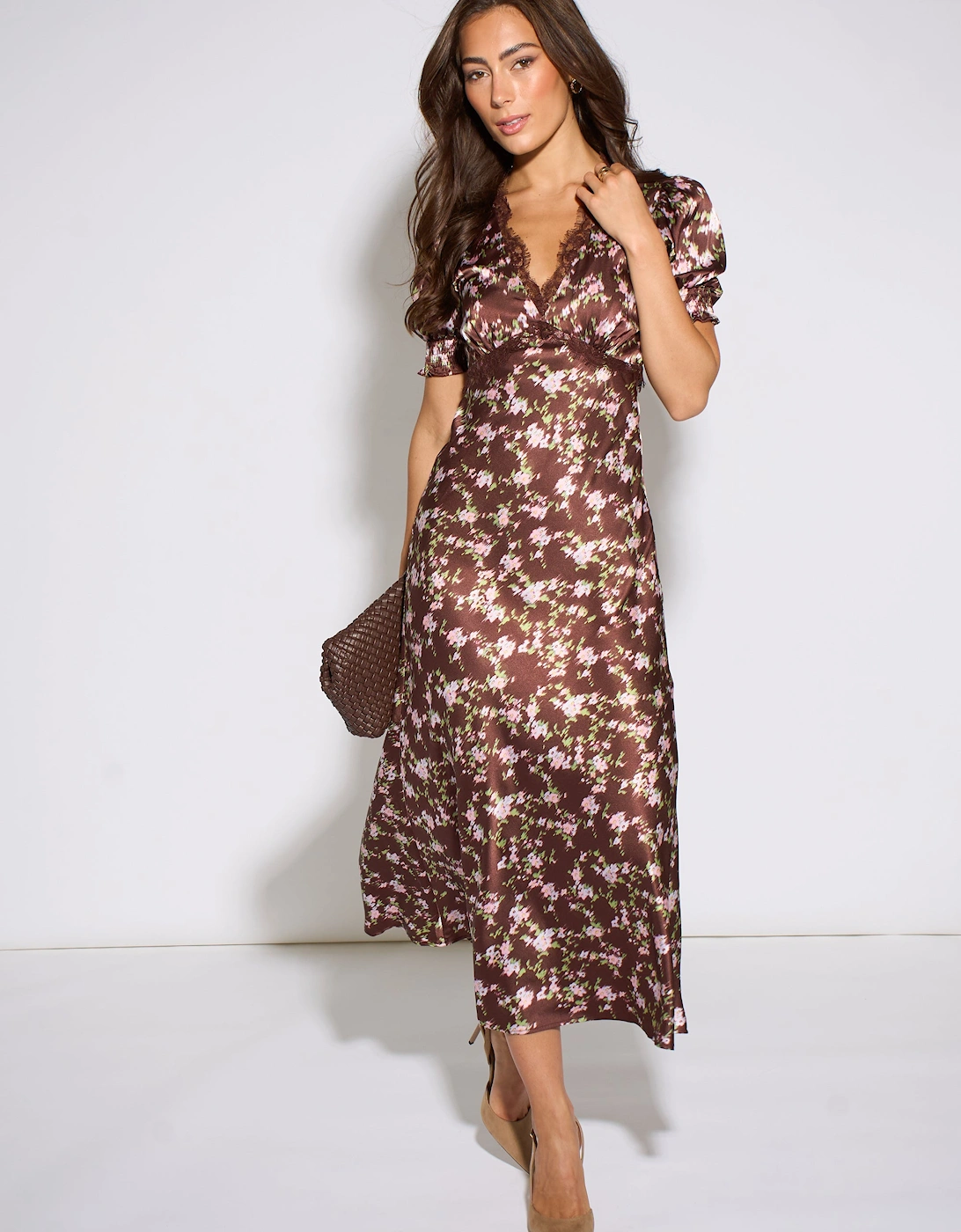 Brown Satin Floral Lace Midi Dress