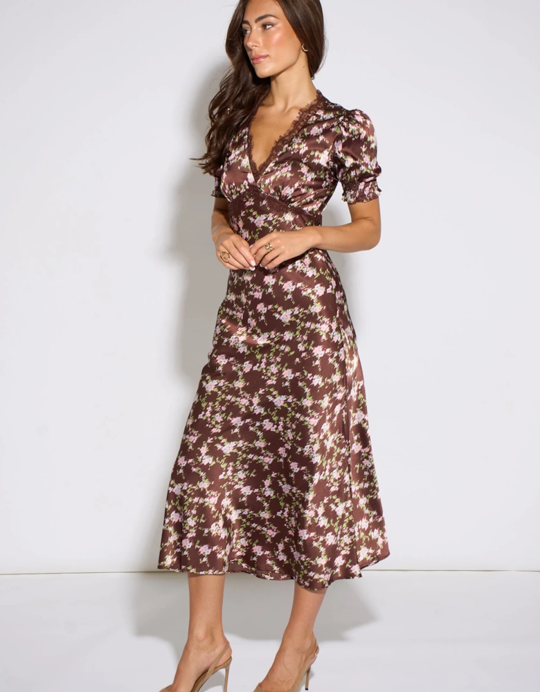Brown Satin Floral Lace Midi Dress
