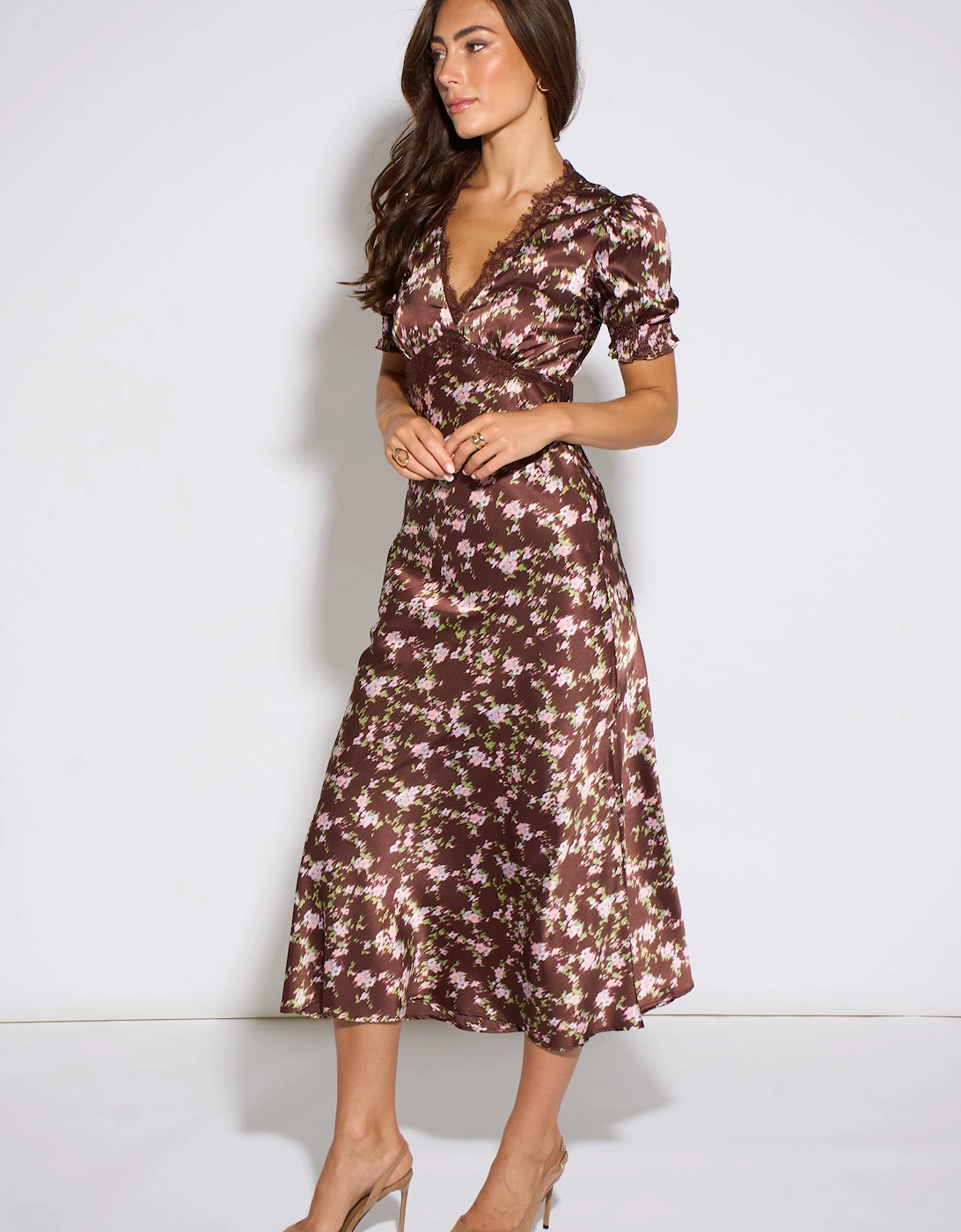 Brown Satin Floral Lace Midi Dress