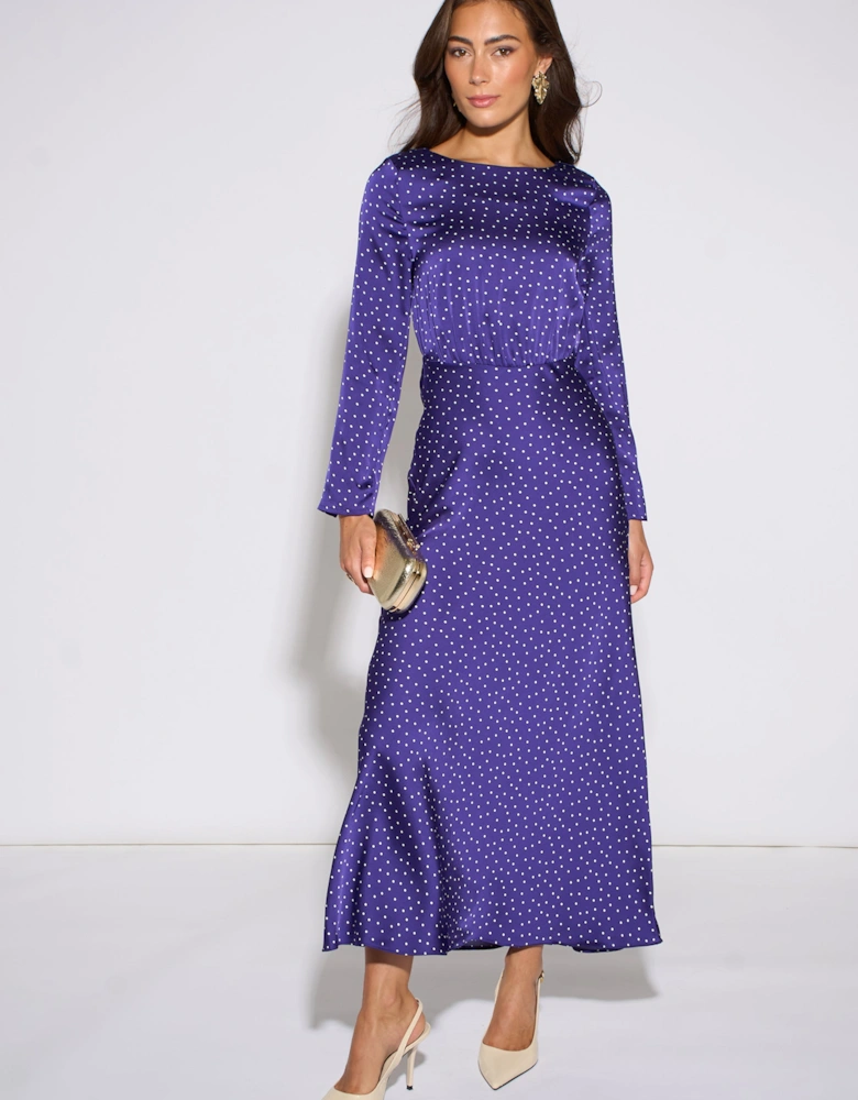 Blue Spot Long Sleeve Satin Midi Dress
