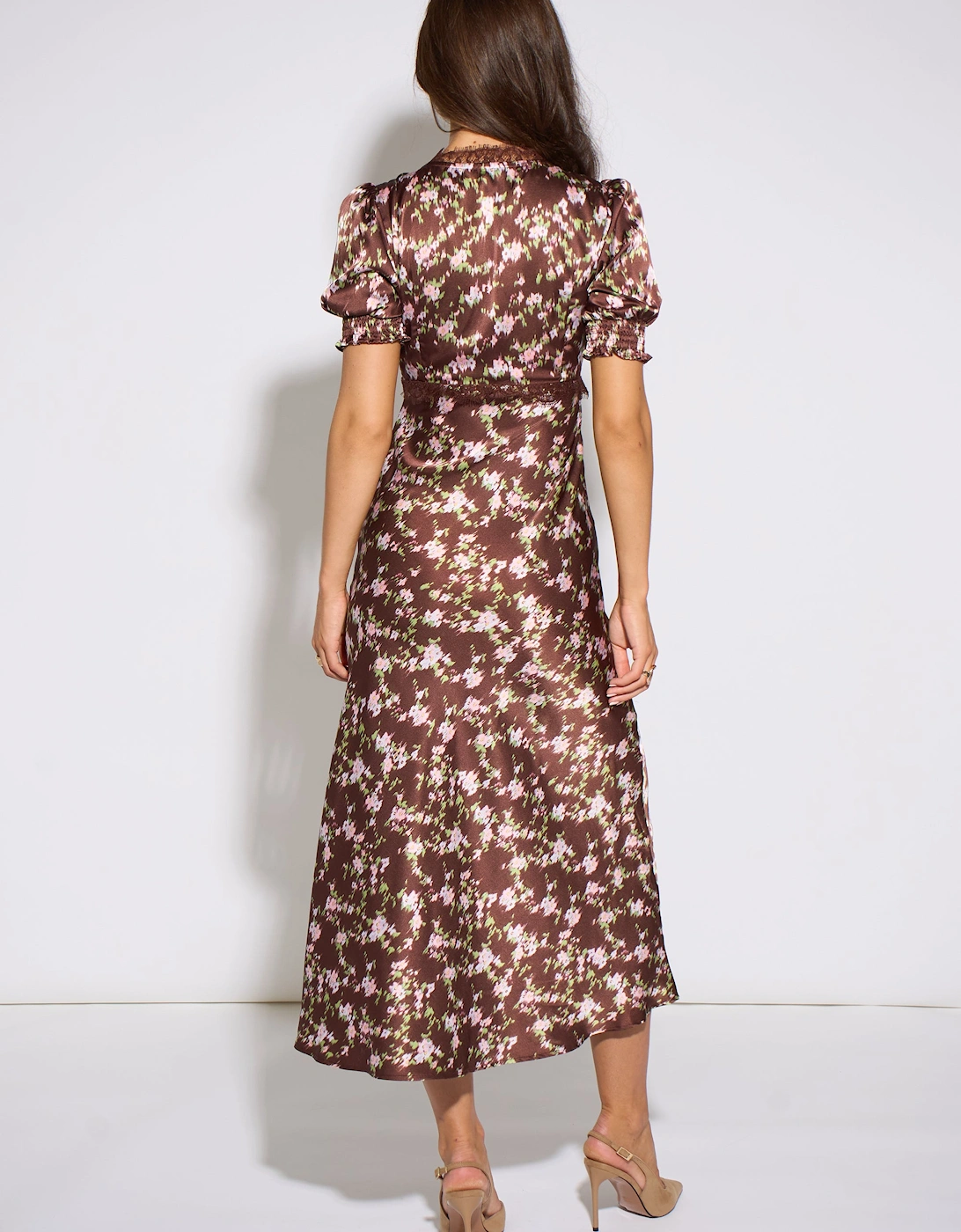 Brown Satin Floral Lace Midi Dress