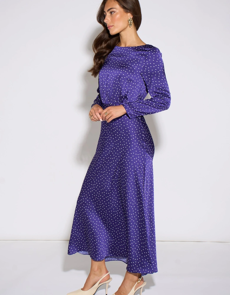 Blue Spot Long Sleeve Satin Midi Dress