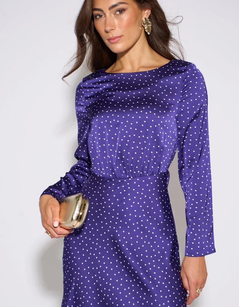 Blue Spot Long Sleeve Satin Midi Dress