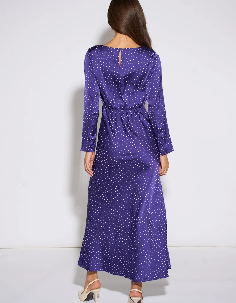 Blue Spot Long Sleeve Satin Midi Dress