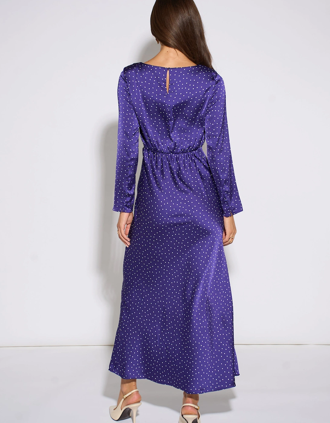 Blue Spot Long Sleeve Satin Midi Dress