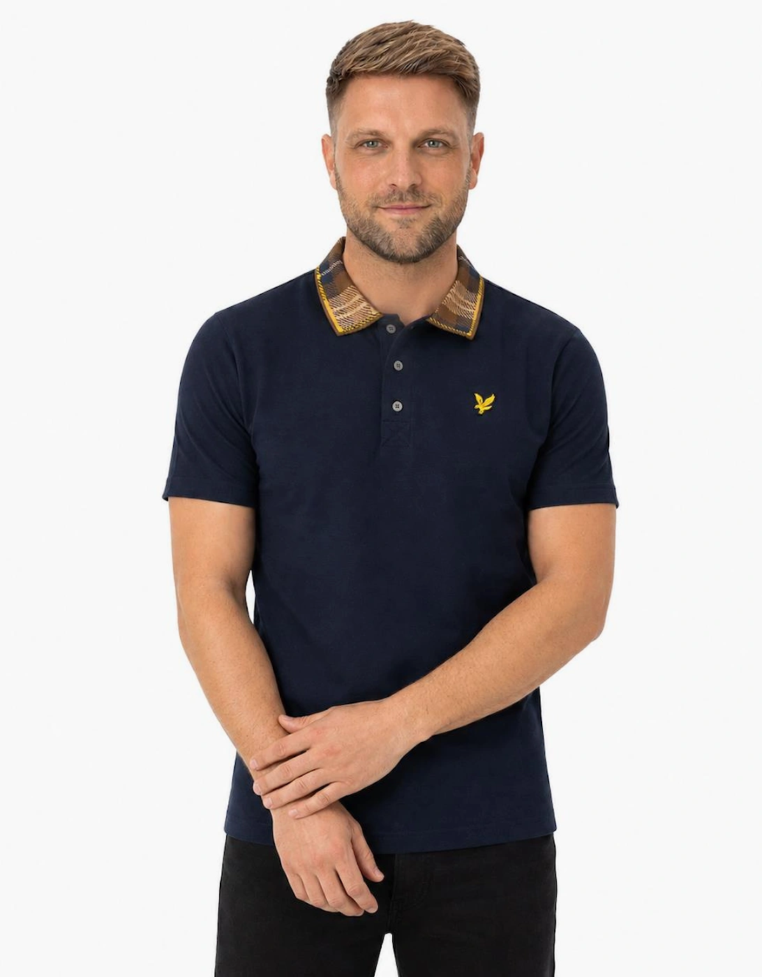 Lyle & Scott Tartan Collar Polo Shirt Navy/Brown