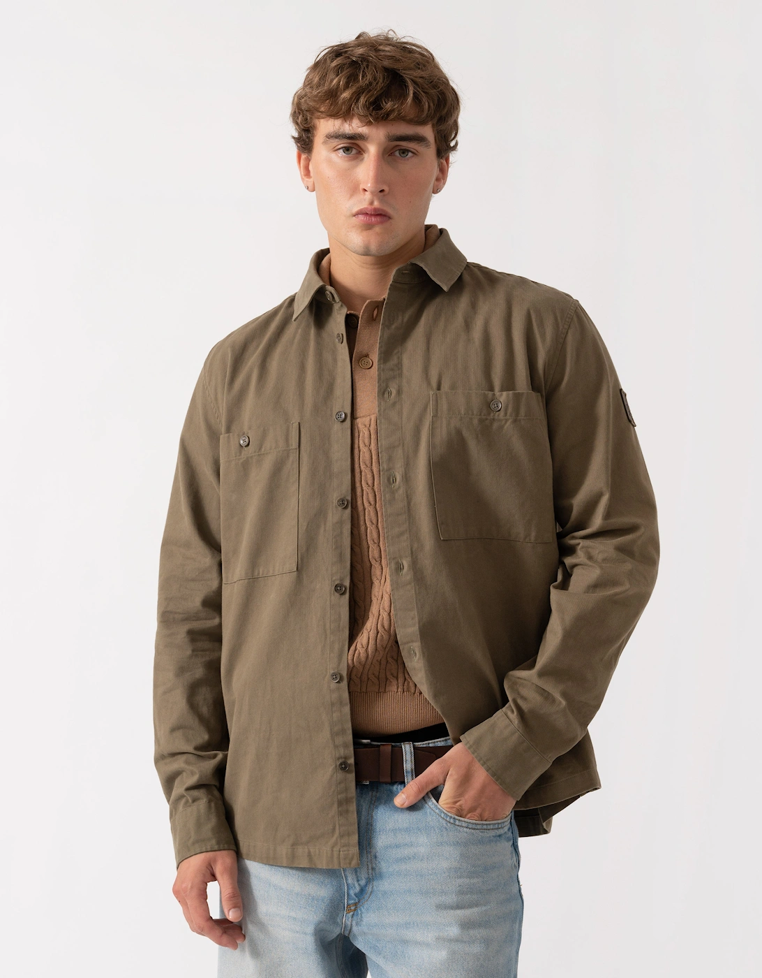 Belstaff Mens Outpost Shirt Cotton Herringbone - Khaki Green