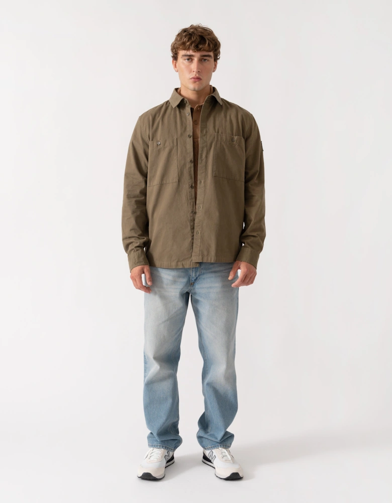 Belstaff Mens Outpost Shirt Cotton Herringbone - Khaki Green
