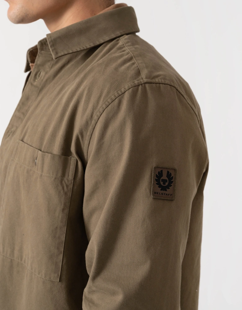Belstaff Mens Outpost Shirt Cotton Herringbone - Khaki Green