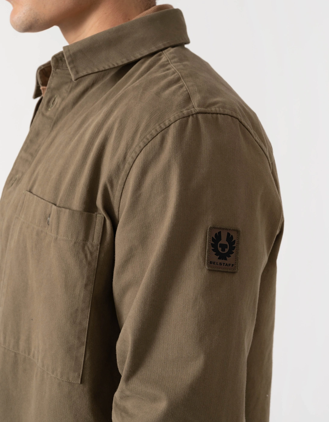 Belstaff Mens Outpost Shirt Cotton Herringbone - Khaki Green