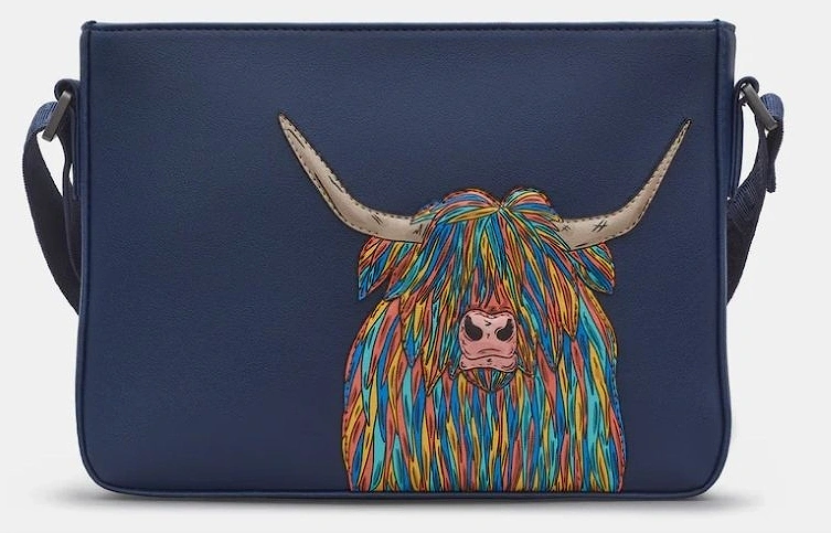 New Disguise Highland Cow Cross Body Bag in Blue/tan