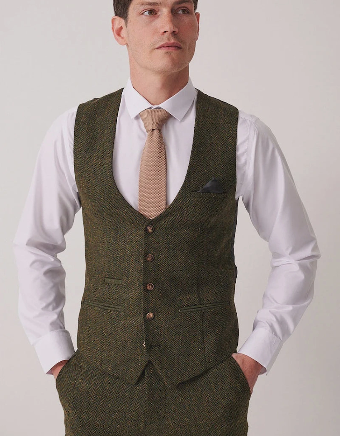 Marc Darcy Dean Tweed Waistcoat - Olive Green