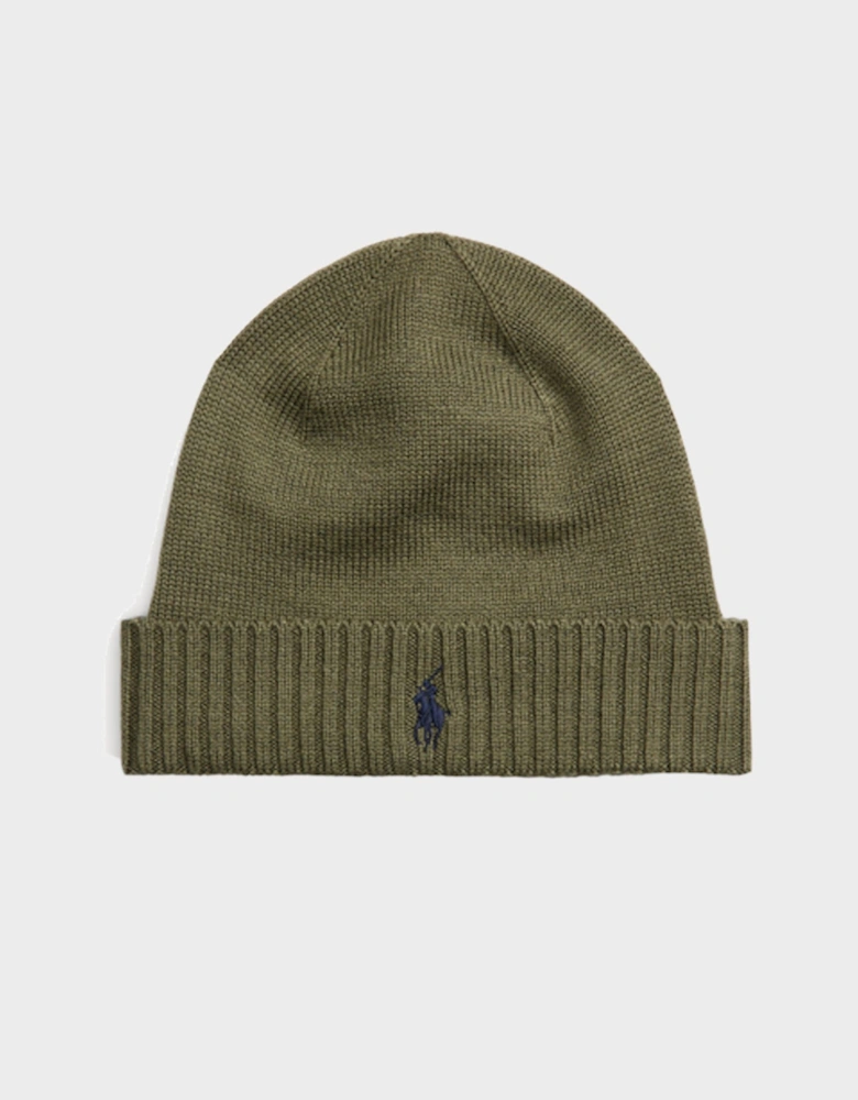 Logo Embroidered Wool Beanie Khaki Green