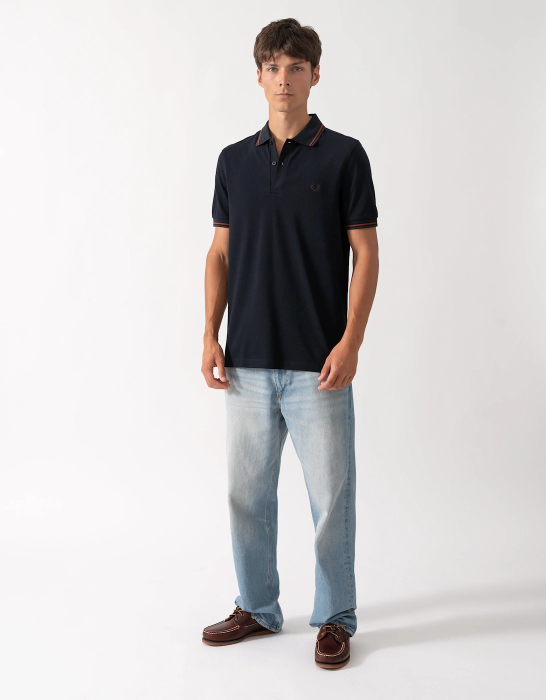 Fred Perry Mens Twin Tipped Signature Polo Shirt - Navy/Burgundy/Rich brown 75C