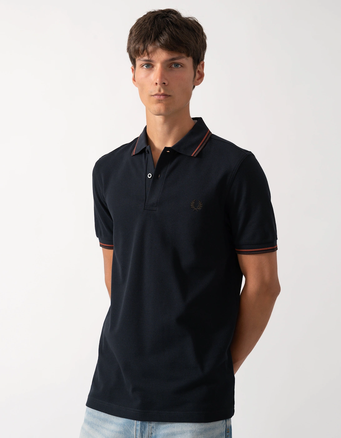 Fred Perry Men's Black Twin Tipped Signature Polo Shirt - Navy/Burgundy/Rich Brown 75C - Size 40