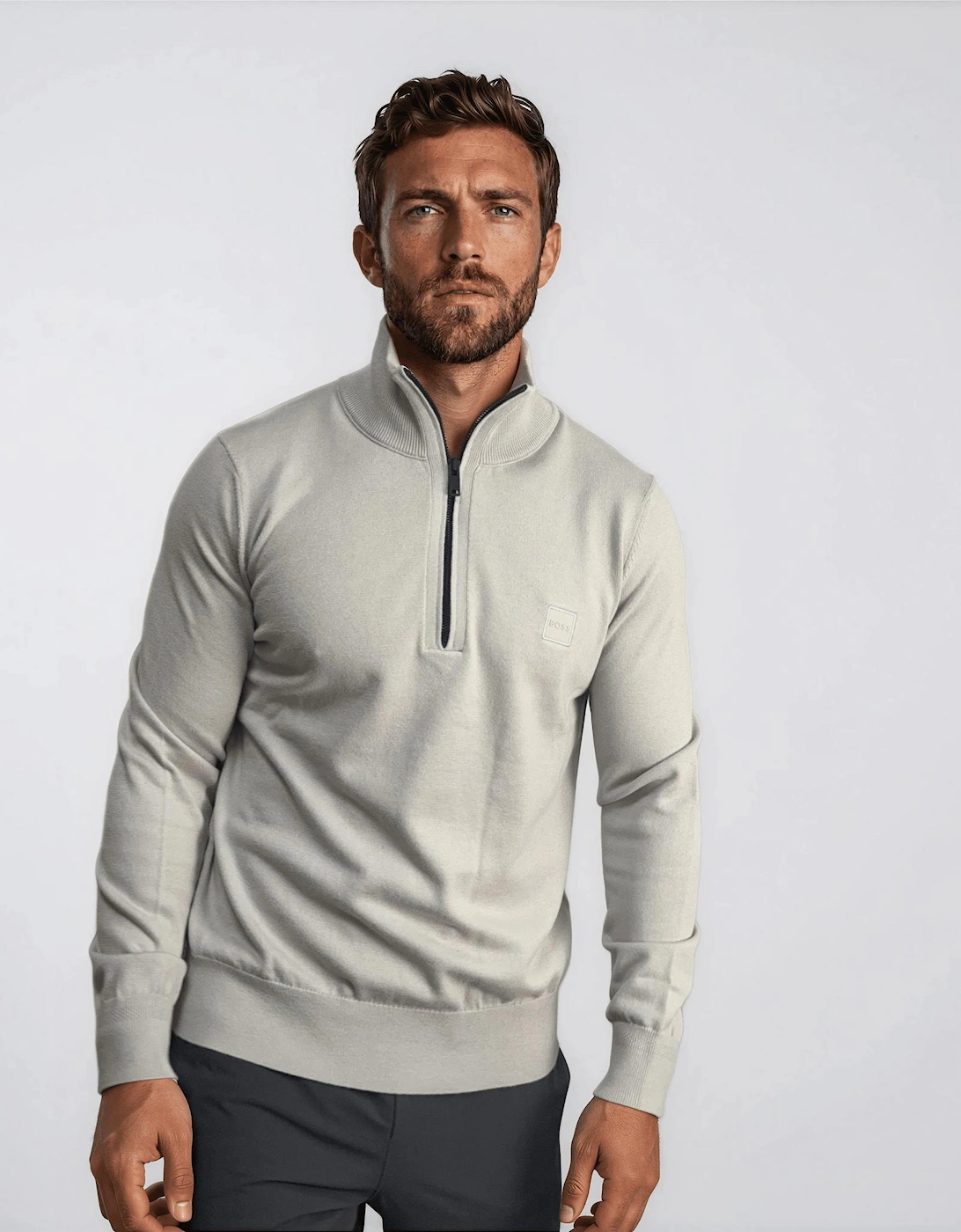 Boss Kanobix Cotton/Cashmere Half Zip Jumper Grey
