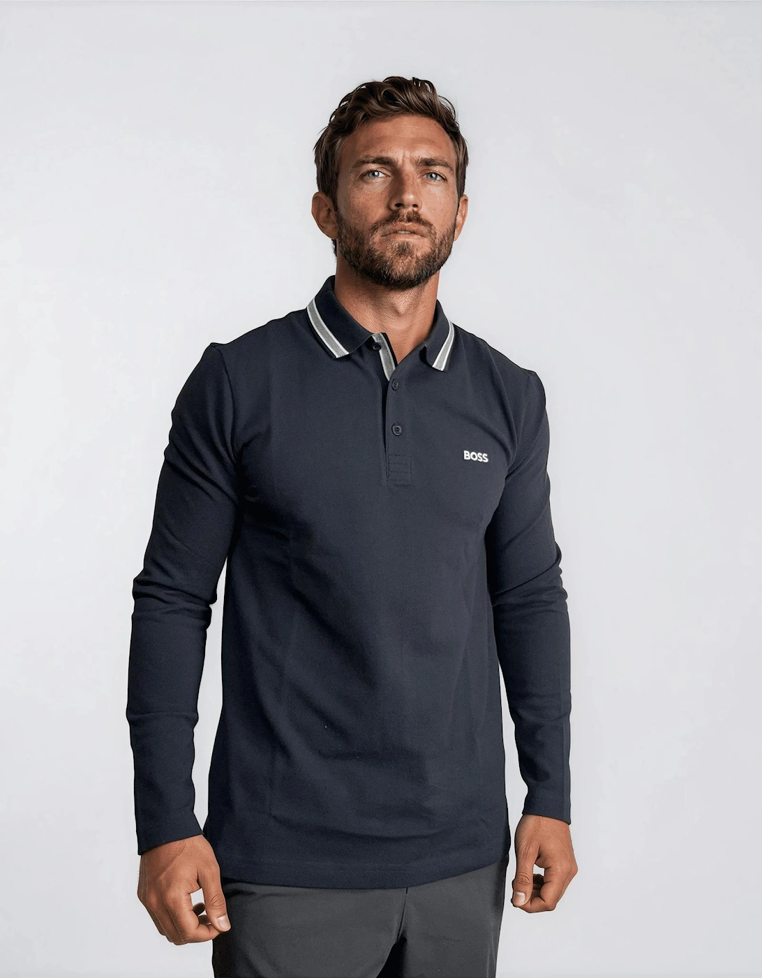 Boss Plisy Long Sleeve Polo Shirt in Dark Blue