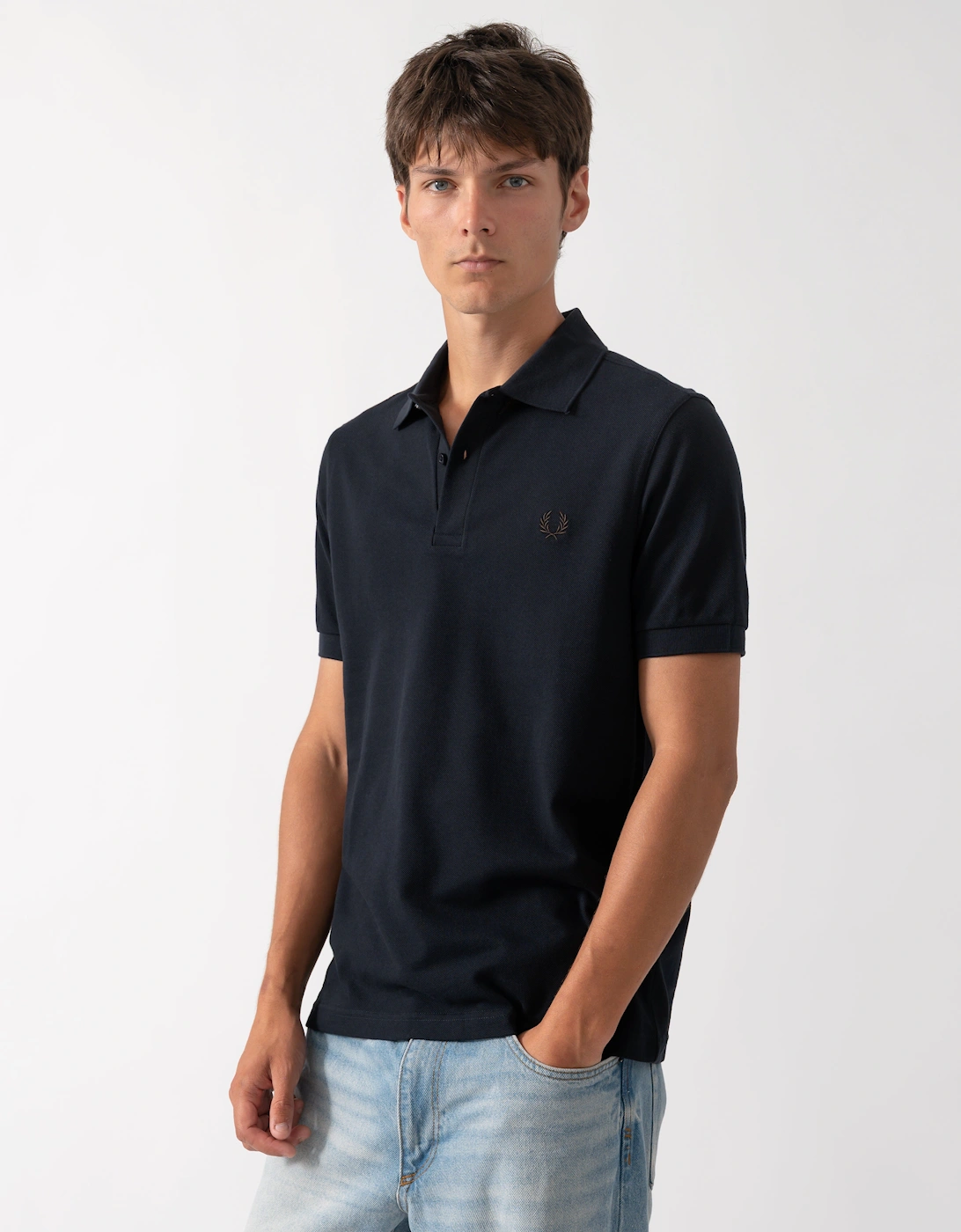 Fred Perry Men's Black Plain Signature Polo Shirt - Navy/Rich Brown 91C - Size 40