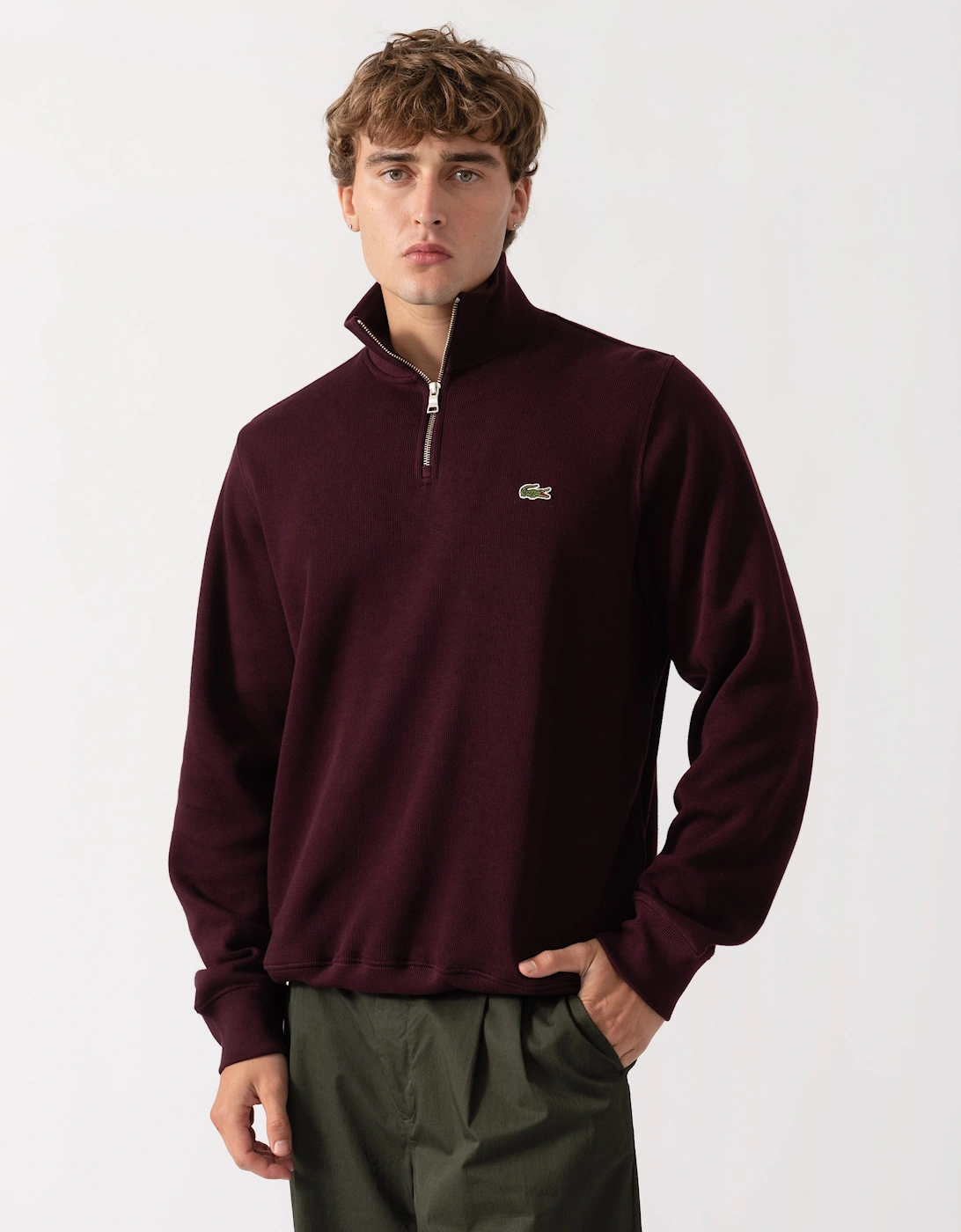 Lacoste Mens Zippered Stand-Up Collar Cotton Sweatshirt - Chestnut Brown 3KE