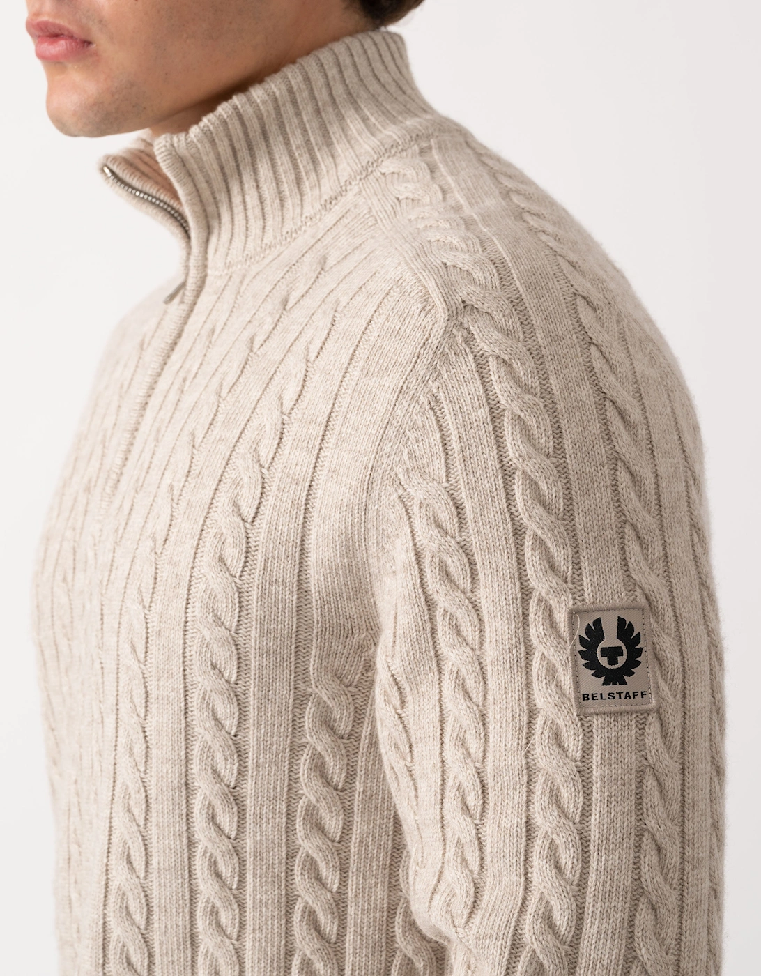Belstaff Mens Westport Quarter Zip Cable Knit Jumper - Pale Stone