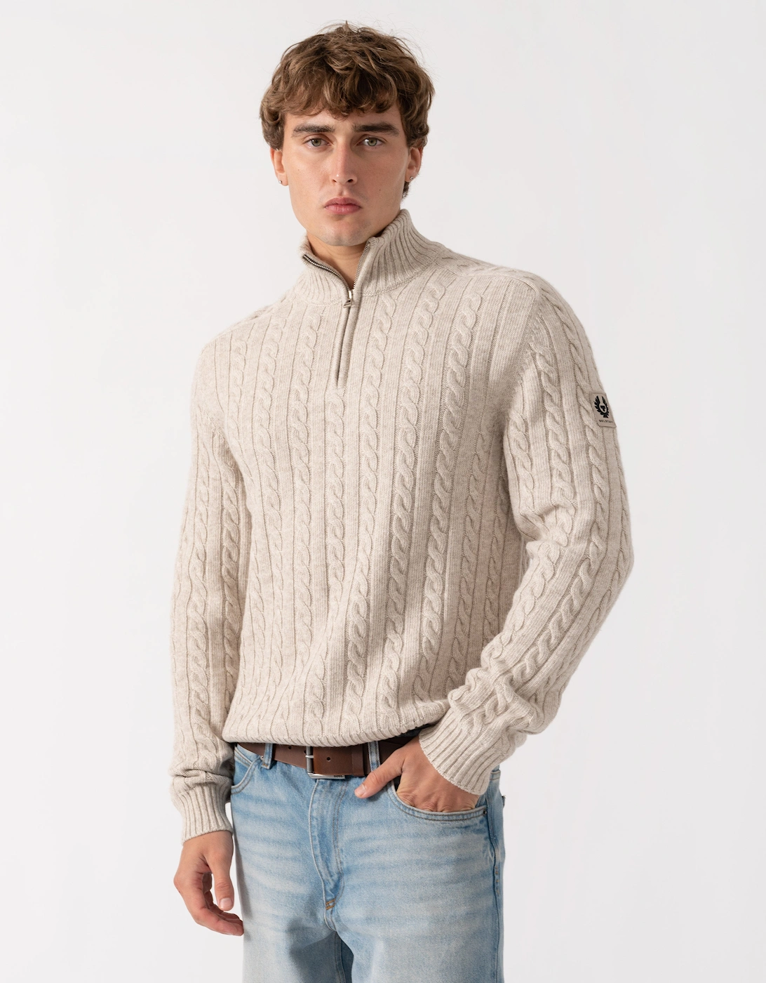 Belstaff Mens Westport Quarter Zip Cable Knit Jumper - Pale Stone