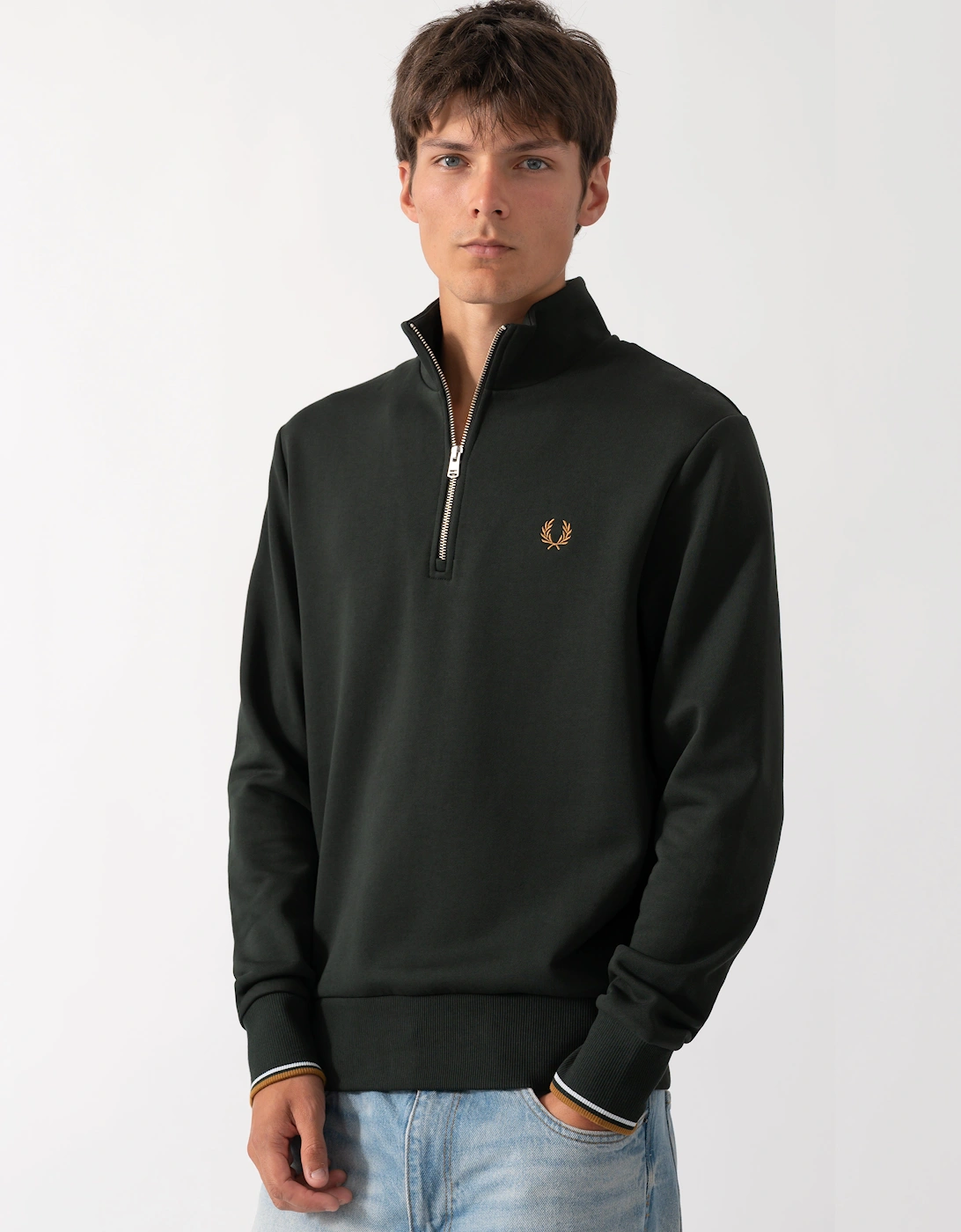 Fred Perry Mens Half Zip Sweatshirt - Night Green/Dusk Blue/Dark Caramel 78C